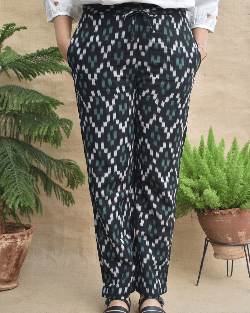Black Ikat cotton pants with two pockets