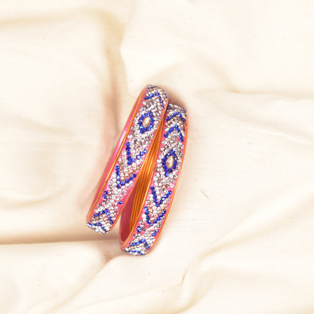 Blue & white 5 line stoned lac bangles - glittery stones
