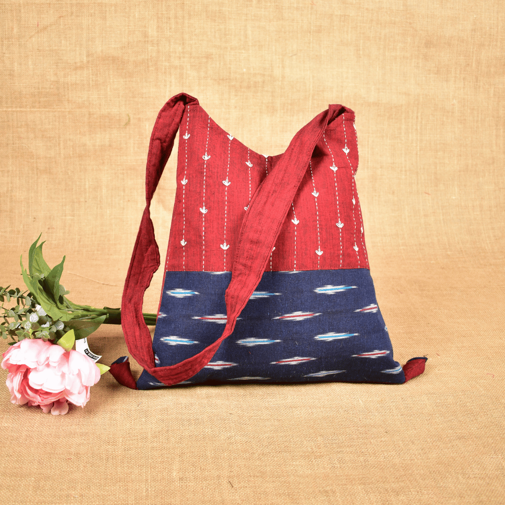 Maroon and Blue Ikat sling bag with hand embroidery - front