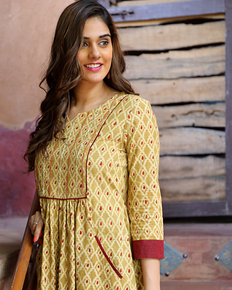 Mustard yellow kalamkari dress side view