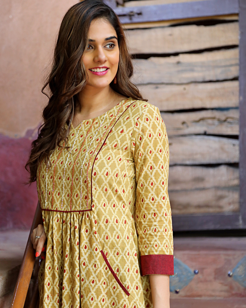 Mustard Yellow Kalamkari Dress With Sequins