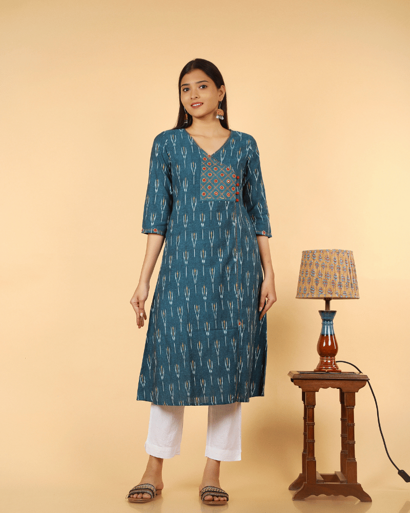 A symmetric Teal Blue Ikat Embroidery Kurta - front