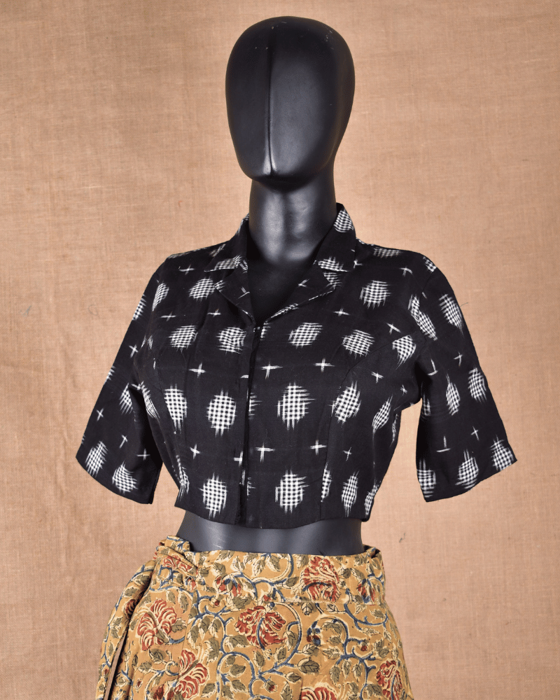 Black Ikat Cotton Blouse with Collared Neck - Front