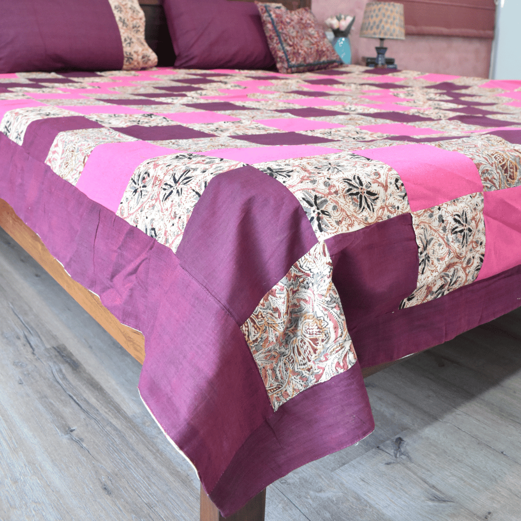 Purple kalamkari patchwork double bedcover - King size