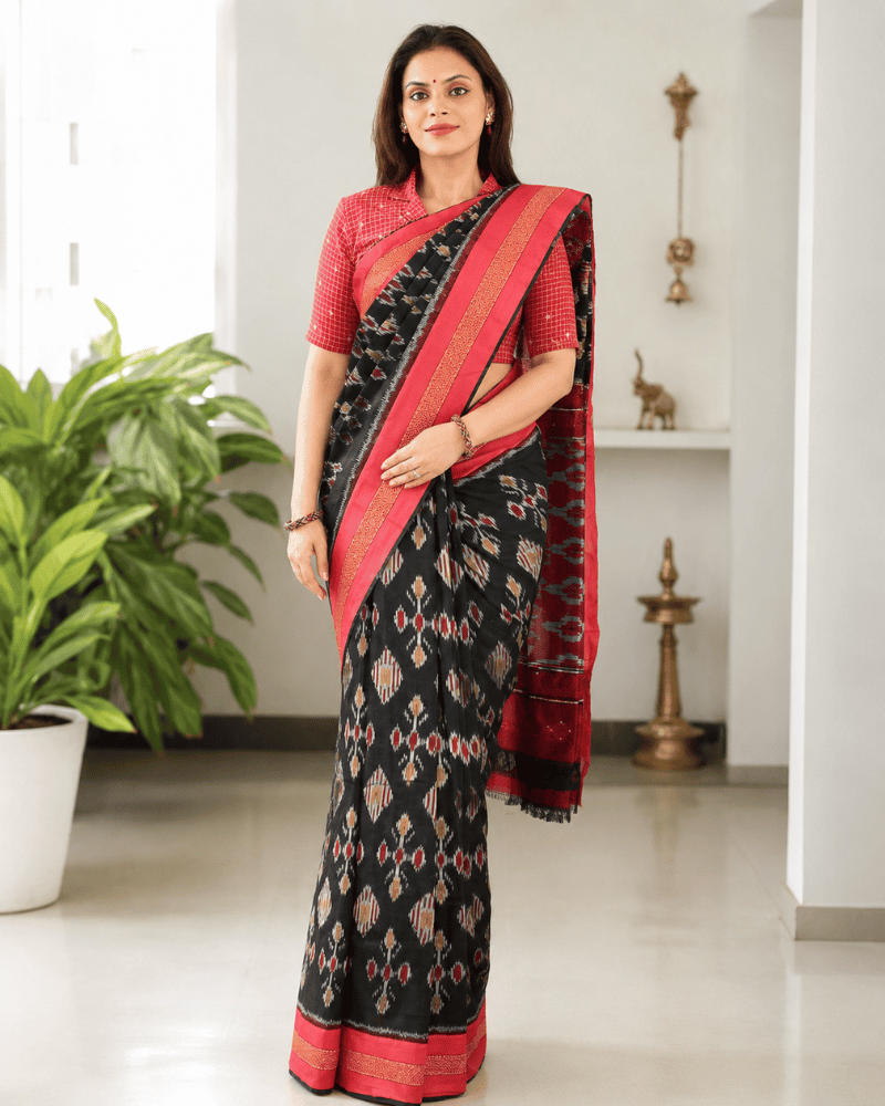 Black ikat saree with hand embroidery