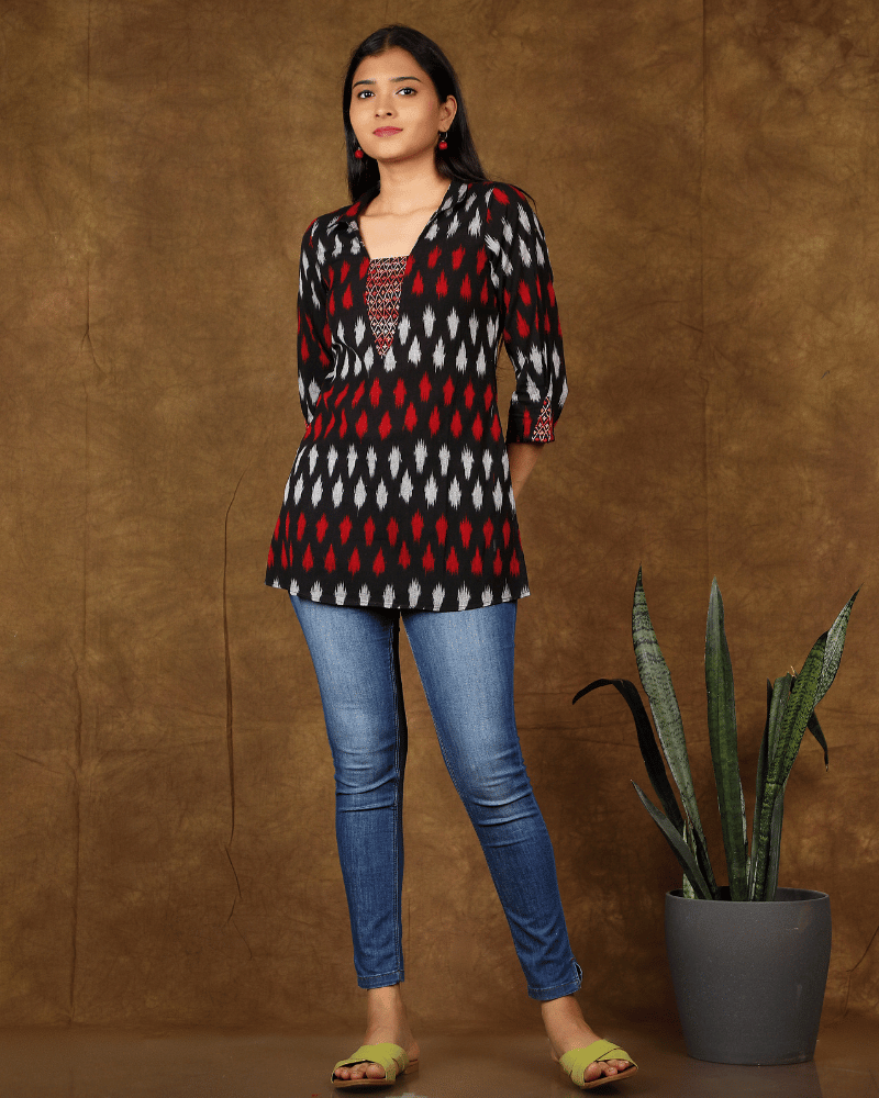 Red & Black ikat Embroidery tunic - front