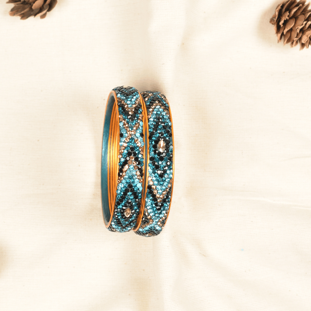 Black & Blue 5 line stoned lac bangles - glittery stones