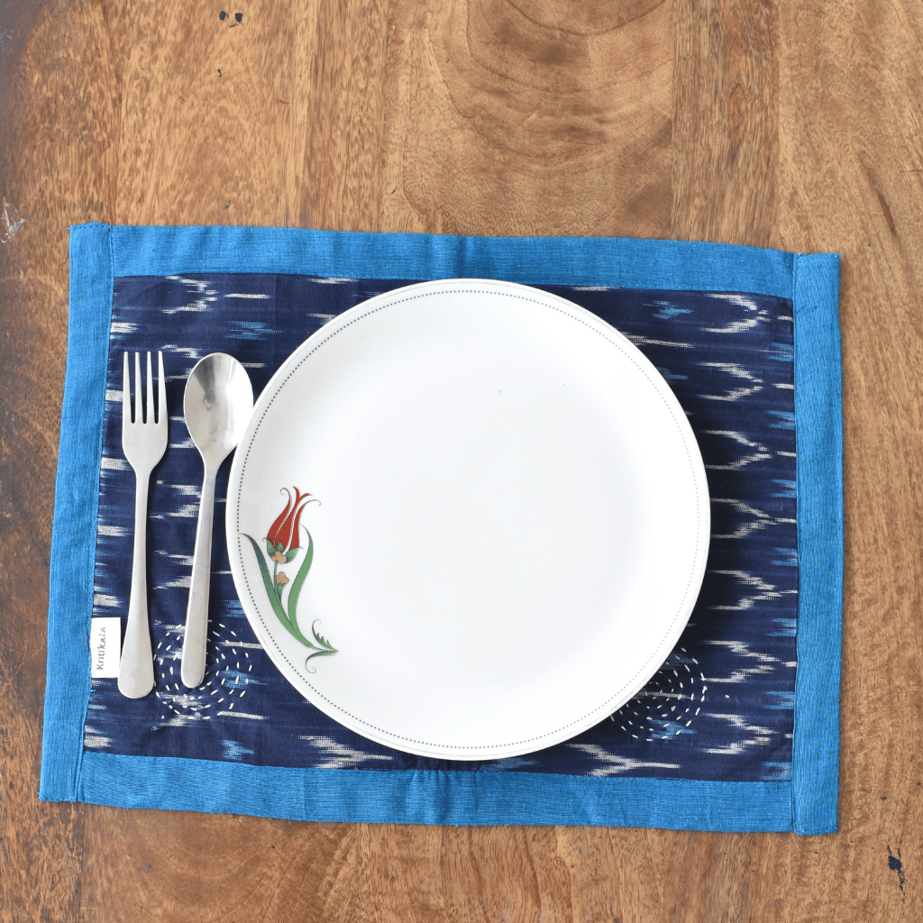 Blue and pink ikat reversible table mat set of six