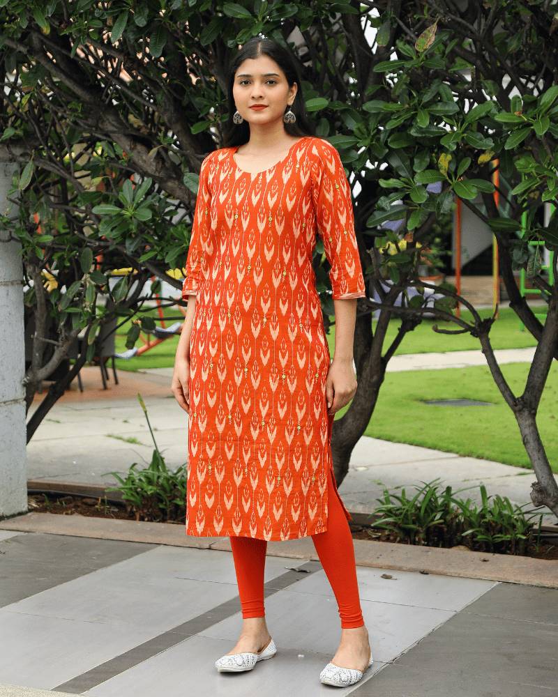 Hand Embroidery Orange ikat silk kurta - Front