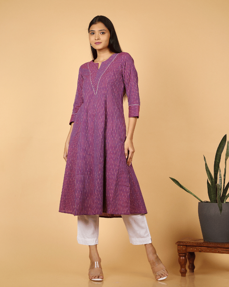 A line Purple Ikat Cotton Kurta with Pleated V Yoke