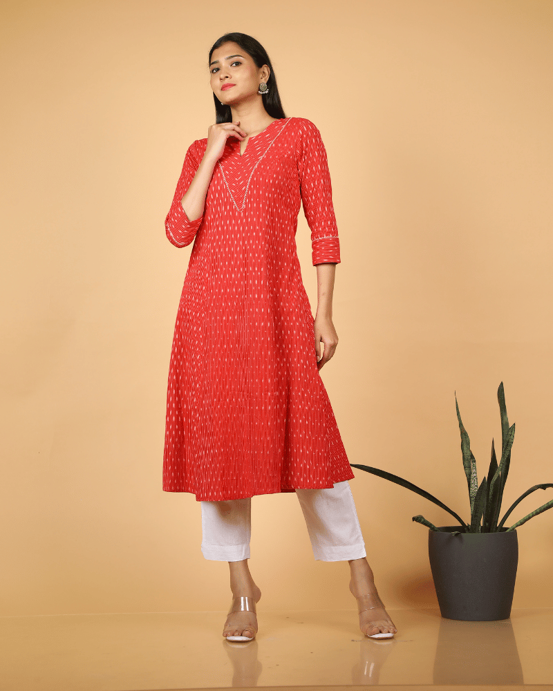 A line Red Ikat Cotton Kurta with Pleated V Yoke