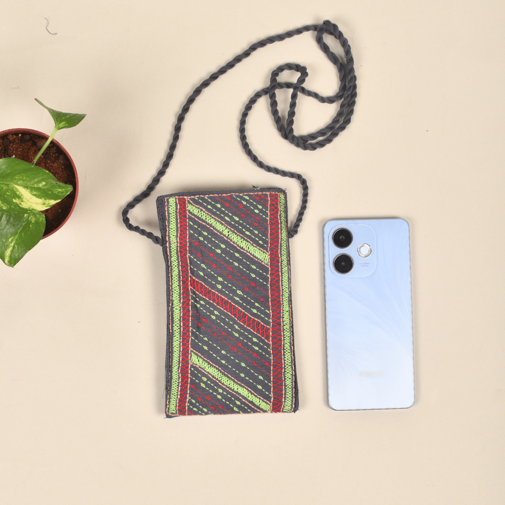Handcrafted Embroidery Grey cell phone pouch - front