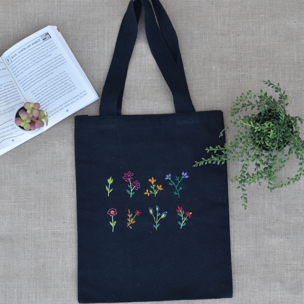 Black canvas tote bag - flower embroidery - front