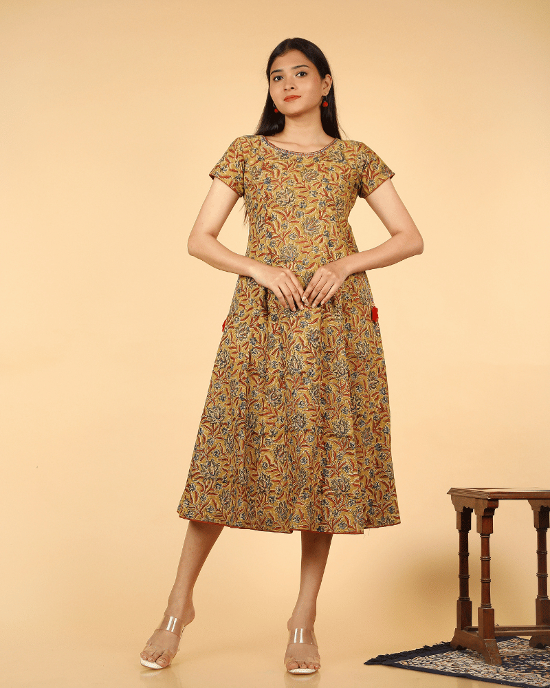 Yellow Floral kalamkari Dress with a Boat neck and Sleeve
