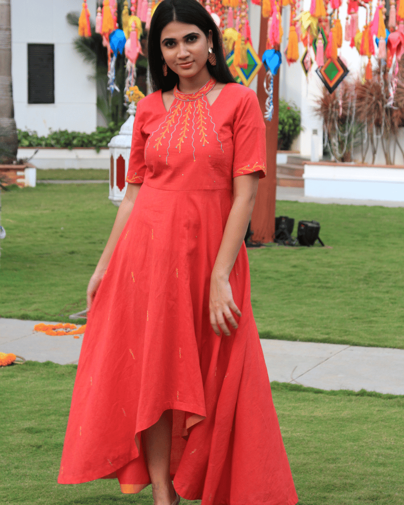 Red Embroidered High-Low Women’s Dress