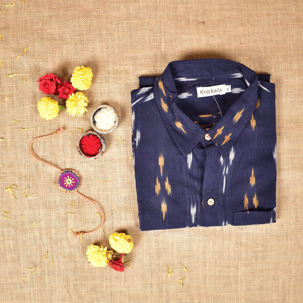 Raksha Bandhan Gift Combo – Handcrafted Purple Rakhi with Men's Handloom Cotton Shirt