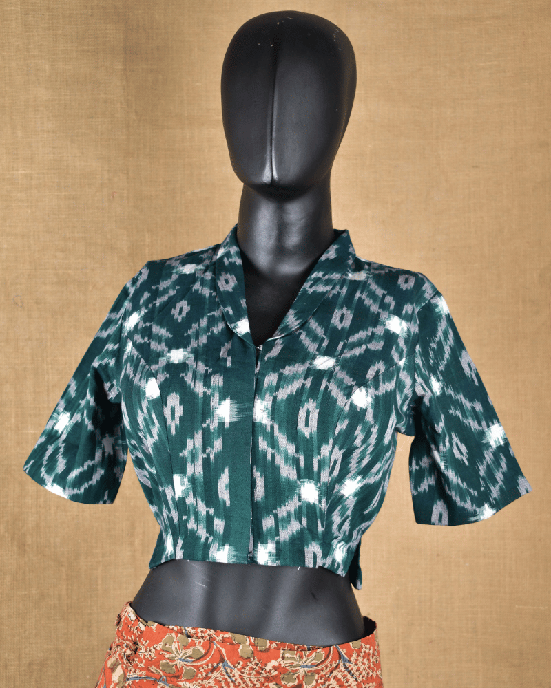 Green Ikat Cotton Blouse with Shirt Collar - Front