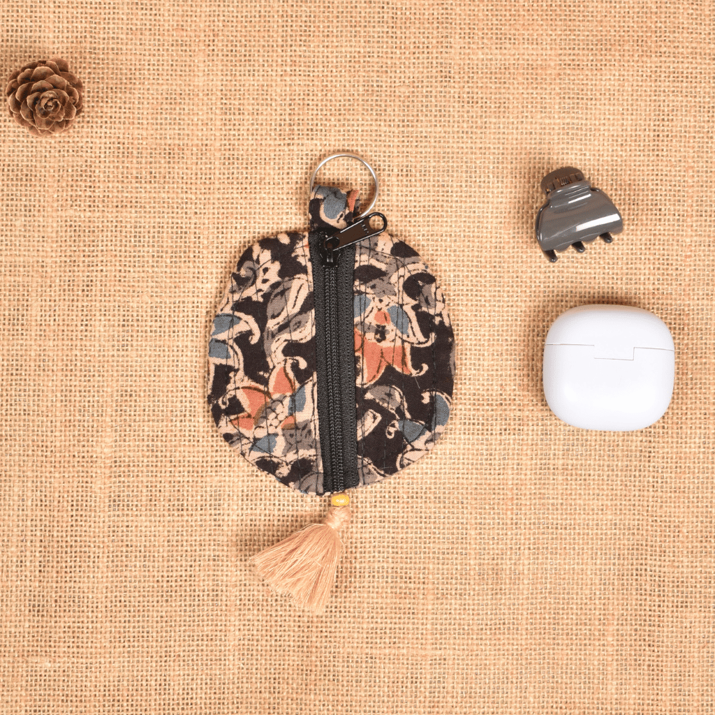 Black kalamkari Round Pouch – Lip Balm / Earbuds Holder
