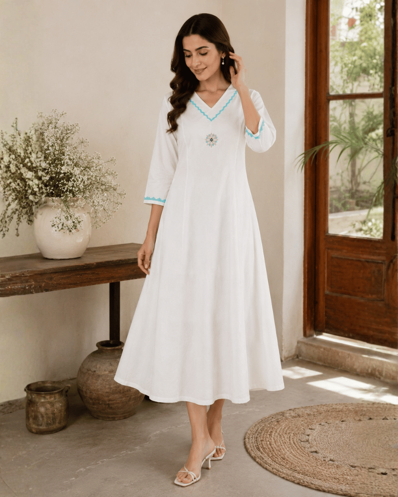 White Cotton Dress with Applique Work - Front
