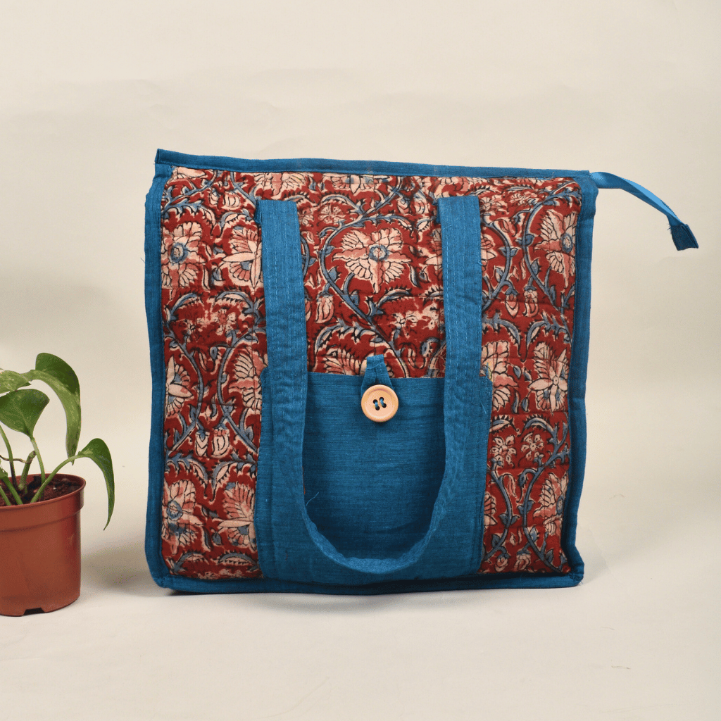 Blue Kalamkari Quilted Tote Bag - front