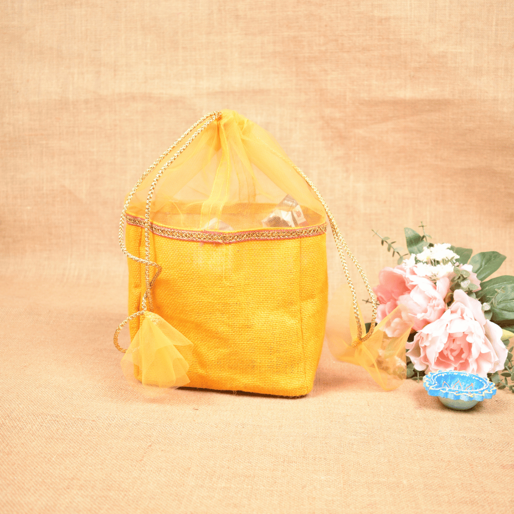 Yellow Jute Potli Bag - front