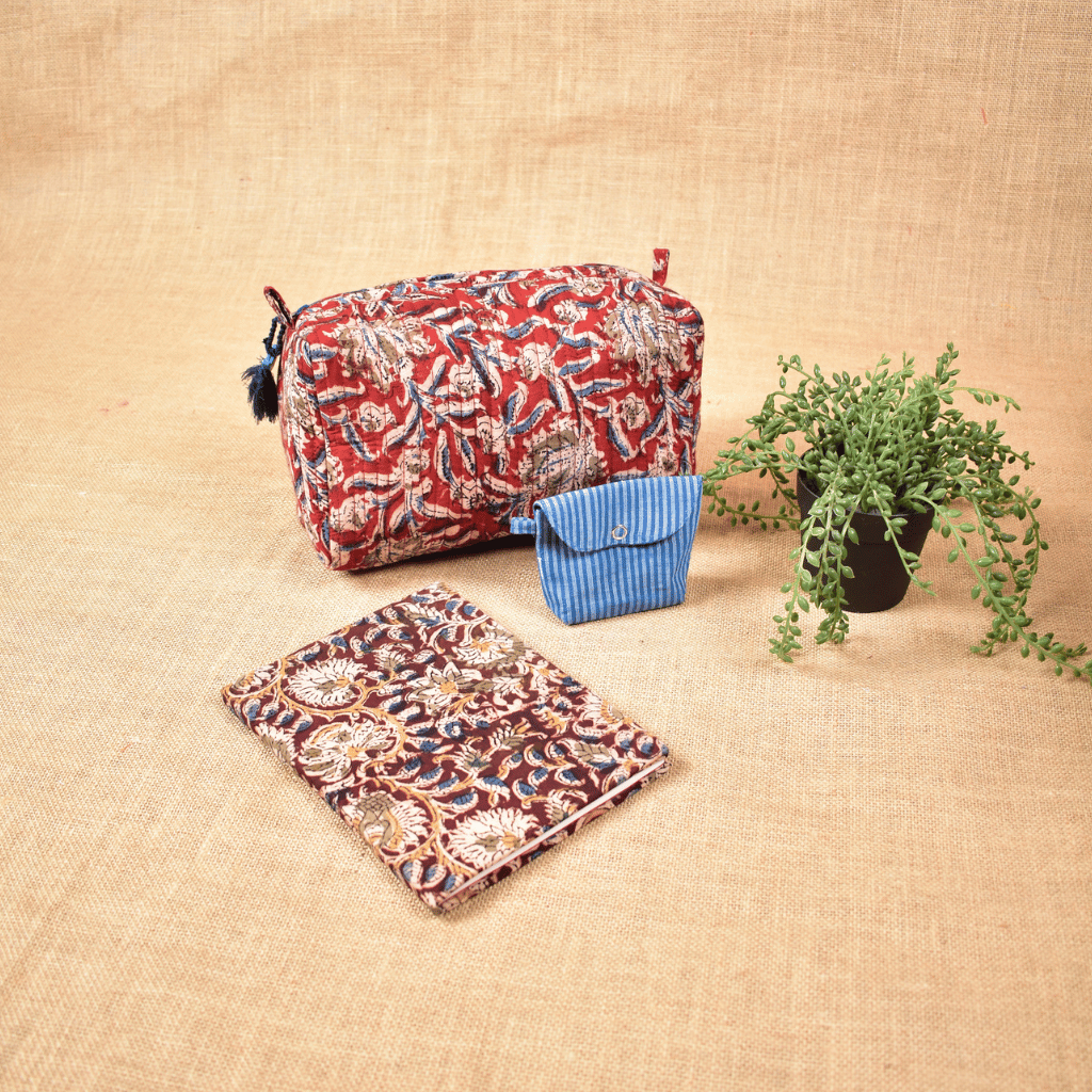 Raksha Bandhan Gift Combo for Sister – Kalamkari Quilted Pouch, Earbuds Pouch & Handloom Diary