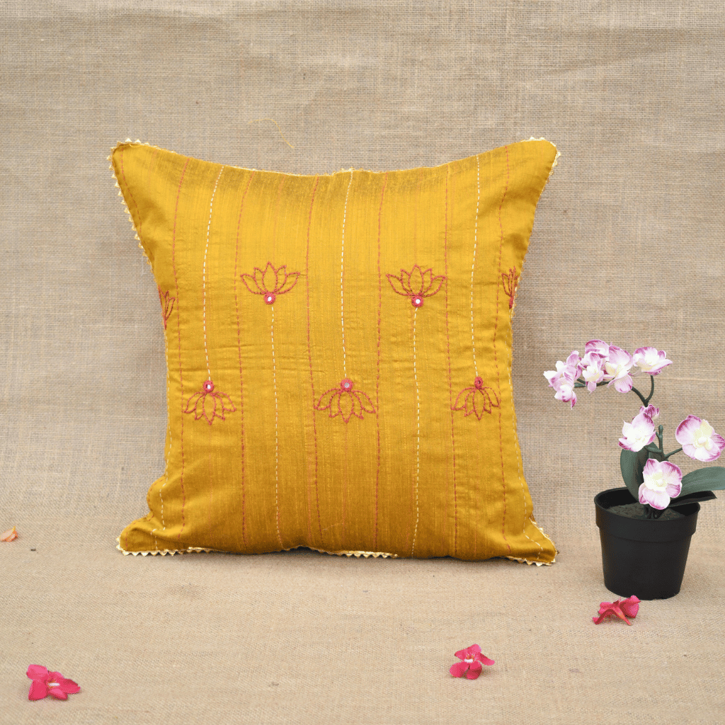 Yellow Silk Cushion Cover With Lotus Embroidery