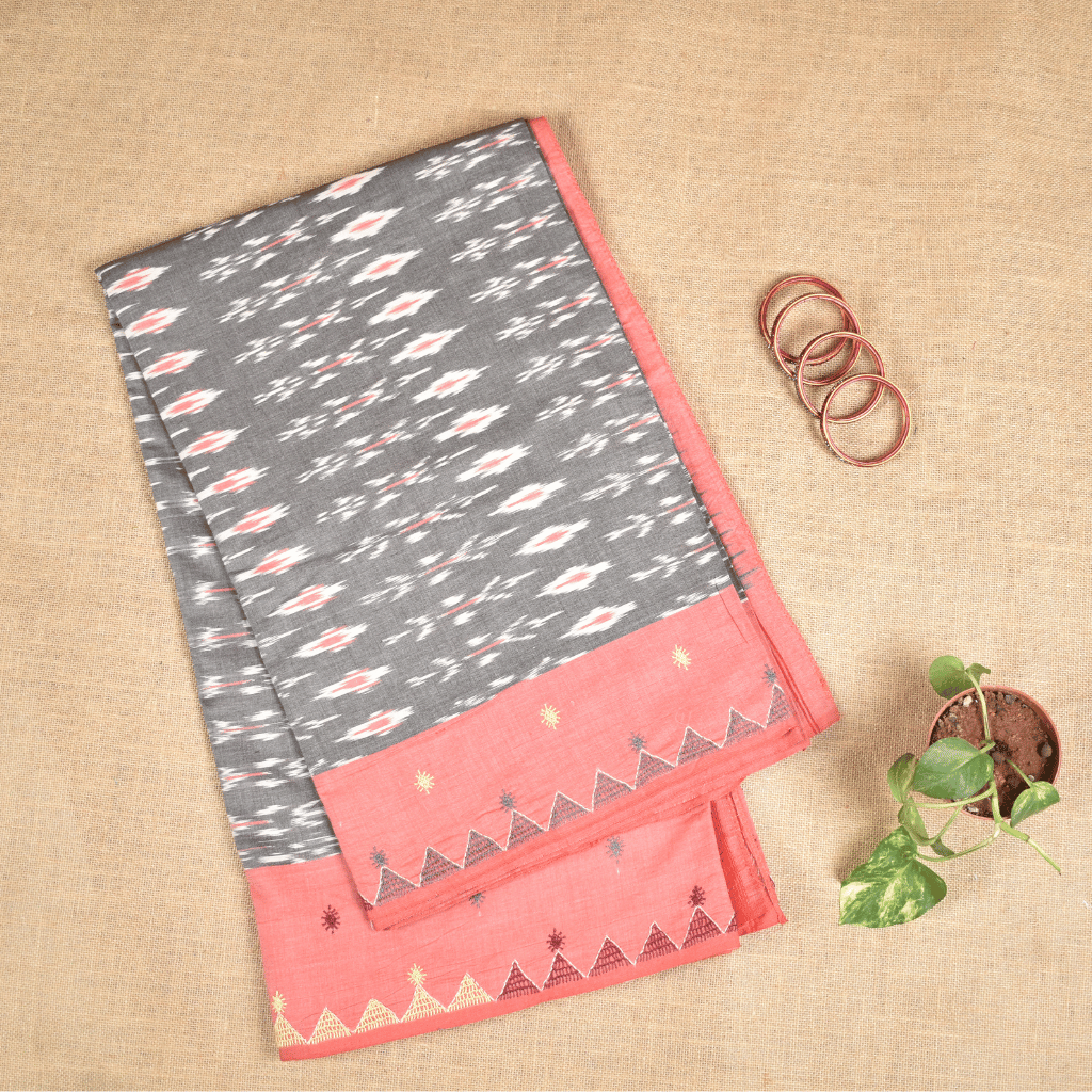 Grey ikat saree with hand embroidery