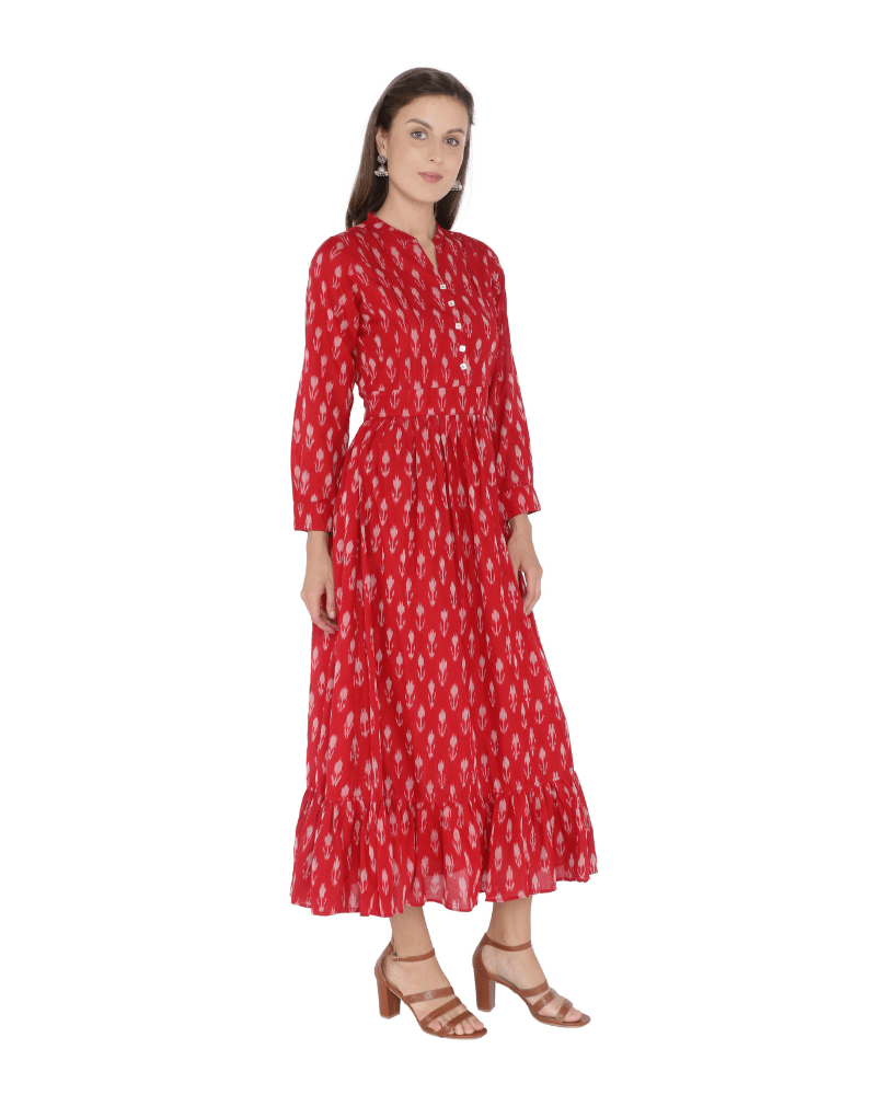 Red Ikat Printed Maxi Dress with Full Sleeves