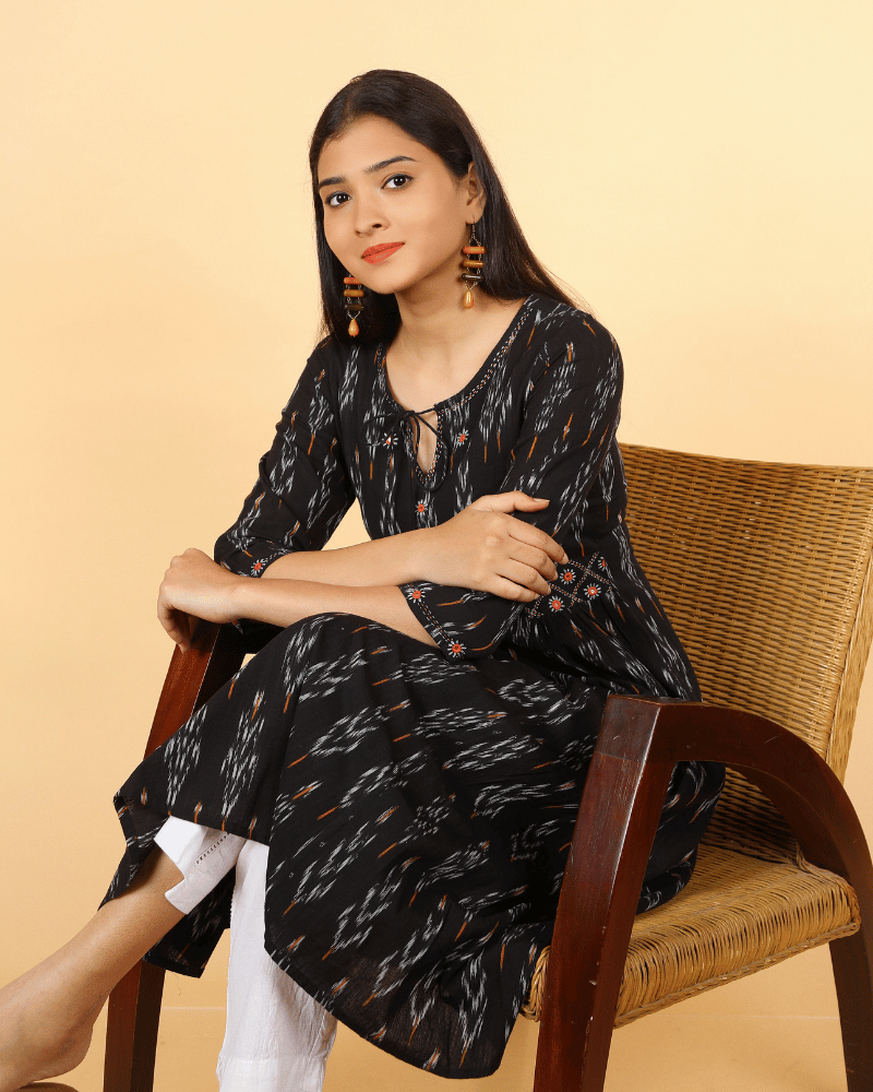 A Line Kurta in Black Ikat Cotton - Embroidery