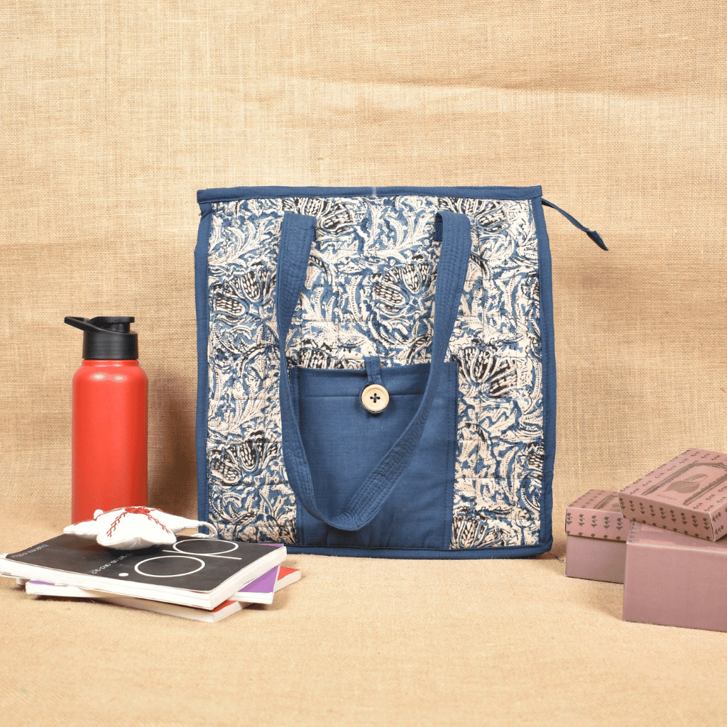 Blue Kalamkari Quilted Tote Bag - front