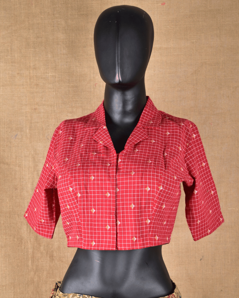 Red Checkered Cotton Blouse with Shirt Collar