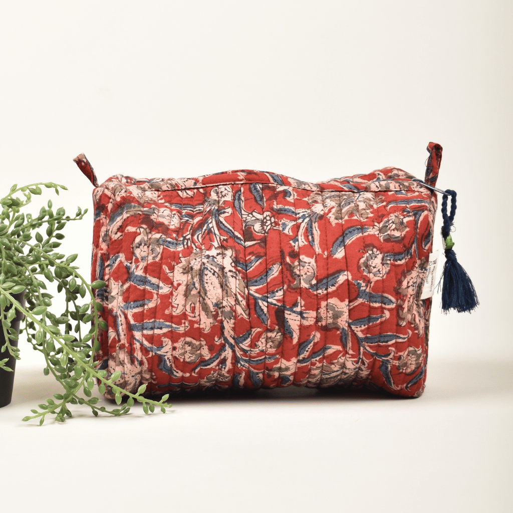 Red kalamkari travel pouch - front