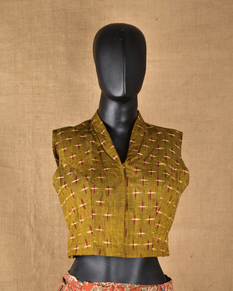 Mustard Yellow Ikat Cotton Sleeveless Blouse with Shirt Collar