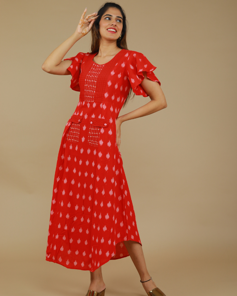 Red ikat pleated dress front view