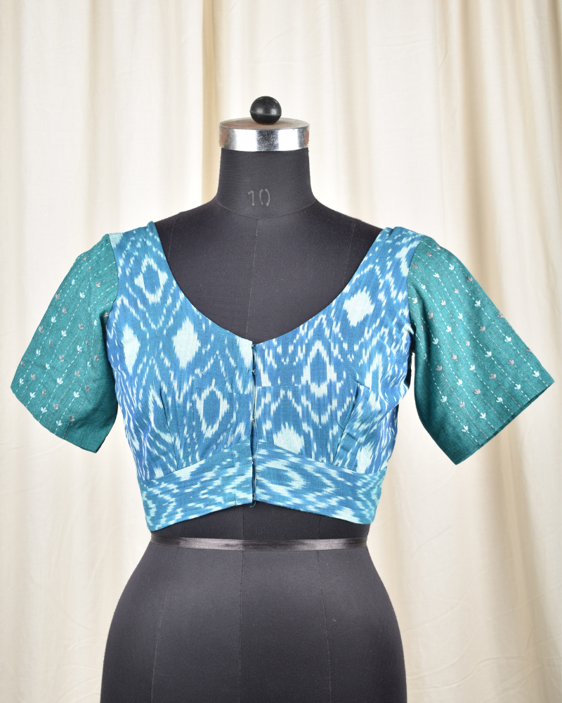 Green and teal blue ikat embroidered blouse - front