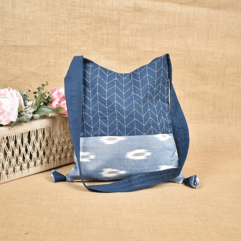 Blue and White Ikat sling bag - hand embroidery
