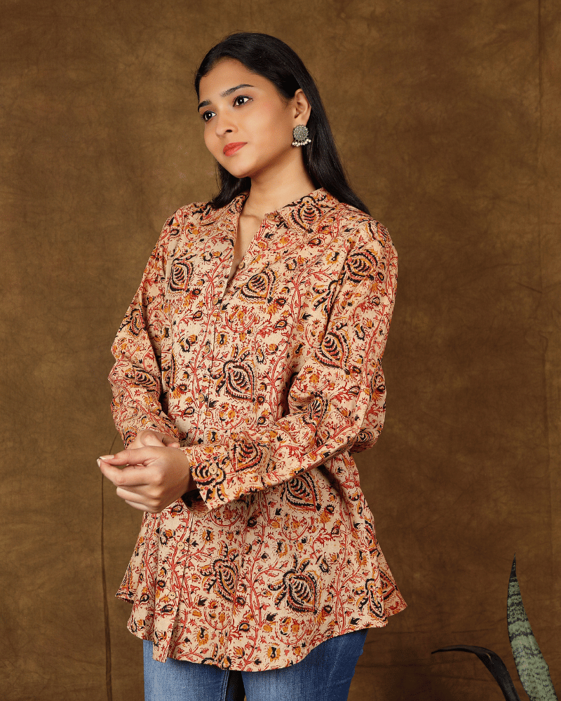 Stylish Women’s Rust Kalamkari Cotton Shirt - front