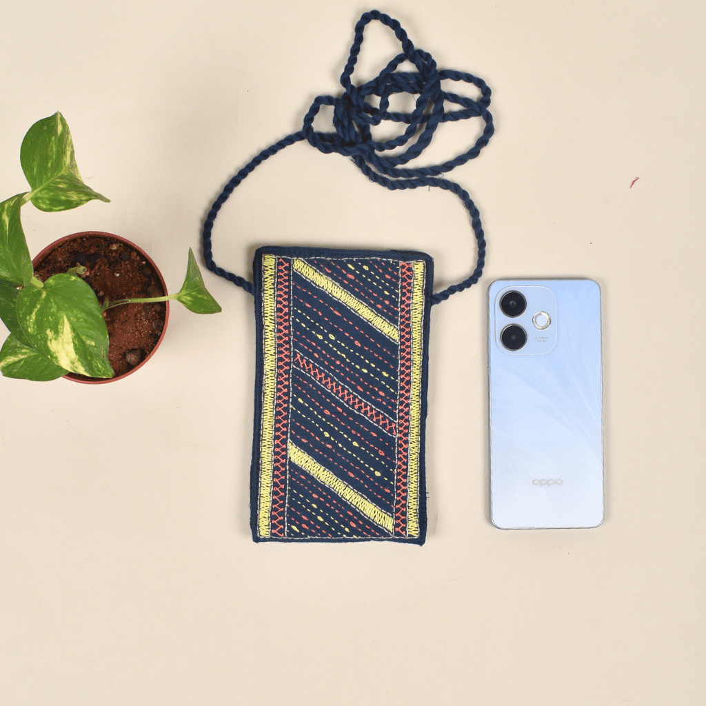 Handcrafted Embroidery blue cell phone pouch