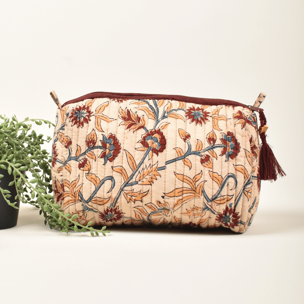 Cream kalamkari travel pouch - front