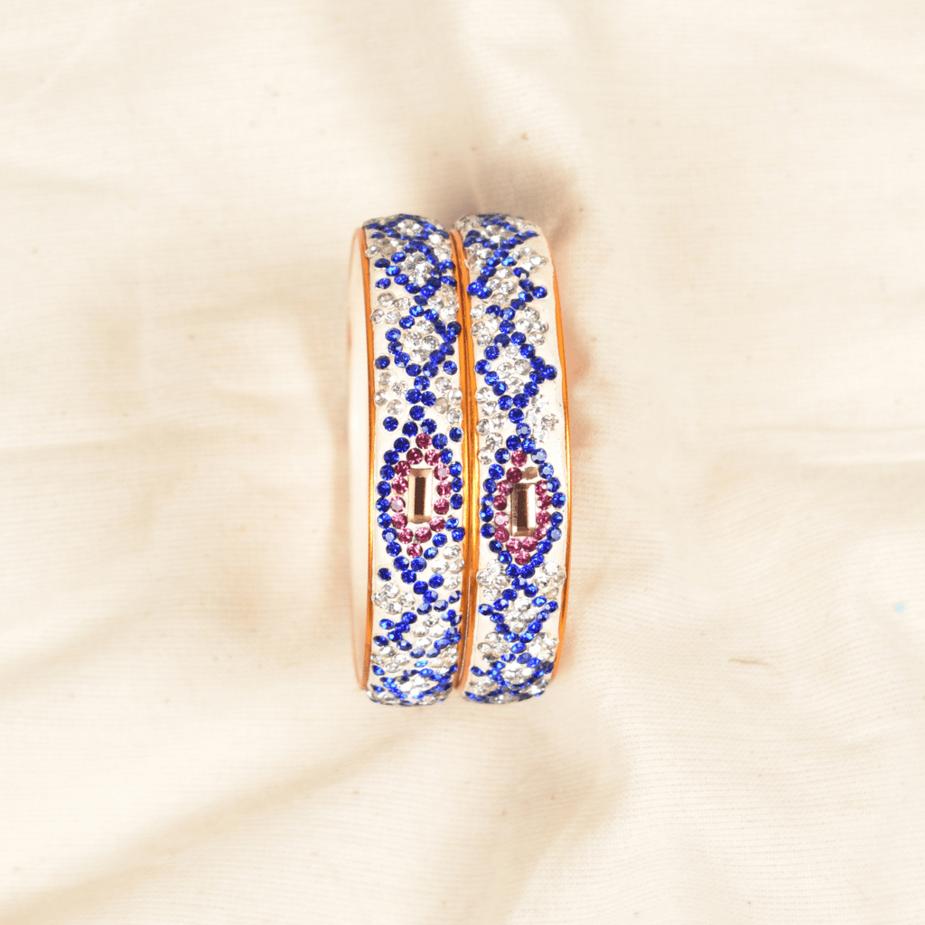 Pair of blue & white 5 line stoned lac bangles - glittery stones