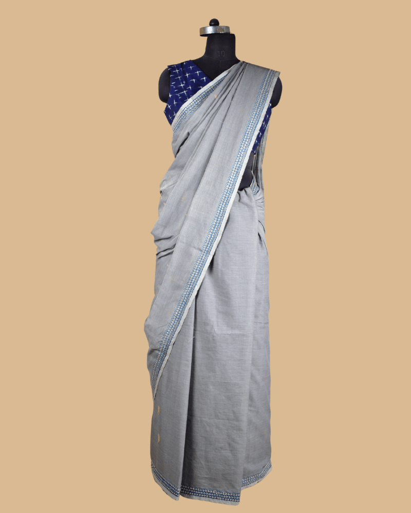 Grey Cotton Saree with Hand Embroidery