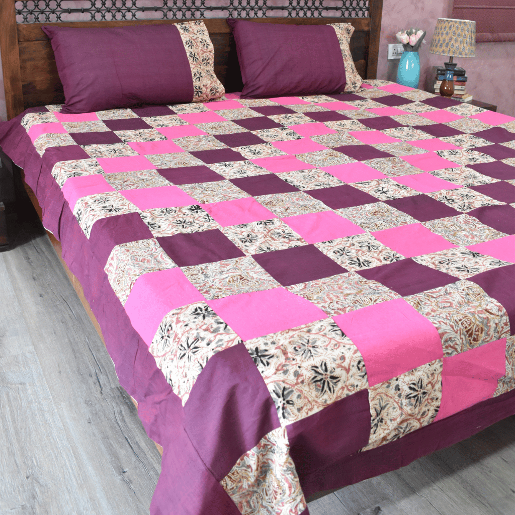 Purple kalamkari patchwork double bedcover - front