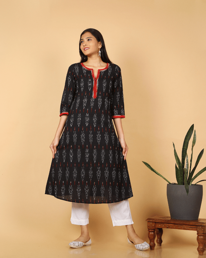 Black Triangle Embroidery Ikat Kurta - Front