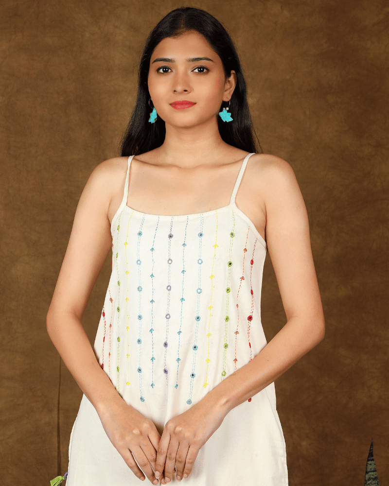 Spaghetti strap white summer dress - Embroidery
