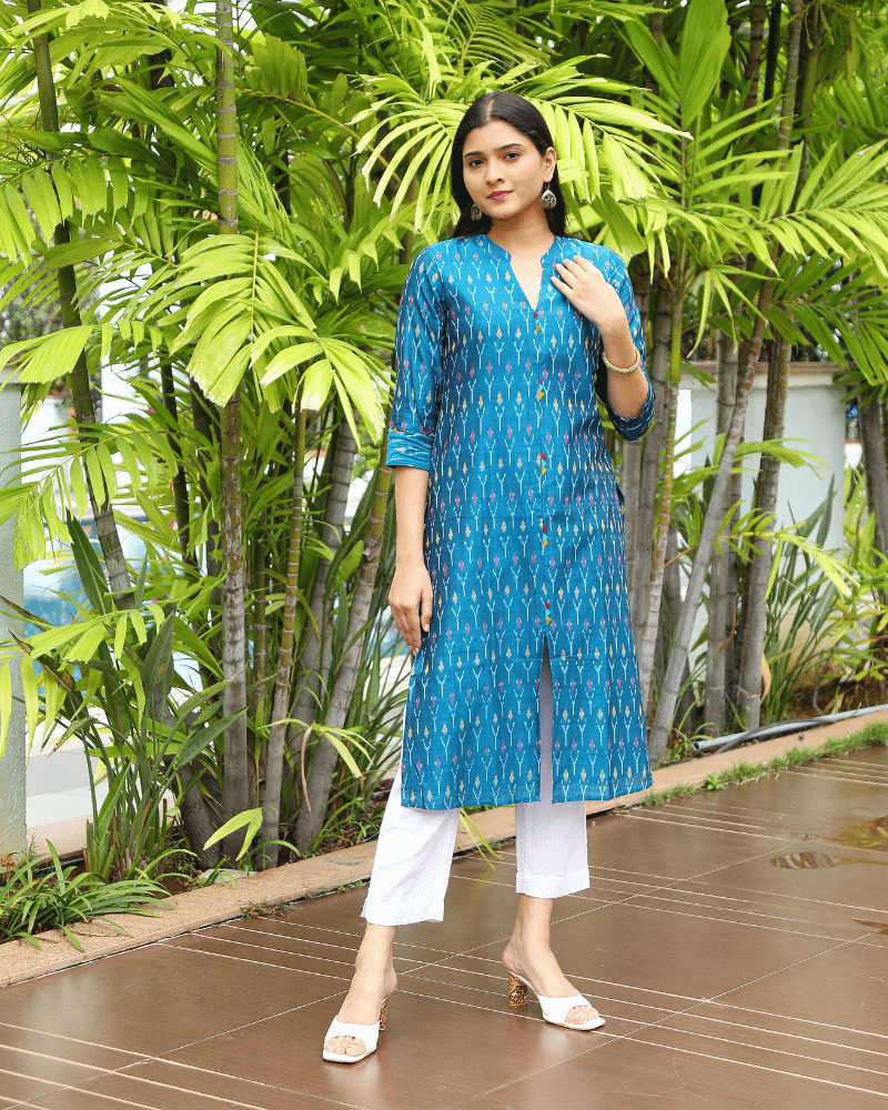 Blue Women’s Mercerized Ikat Straight Kurta