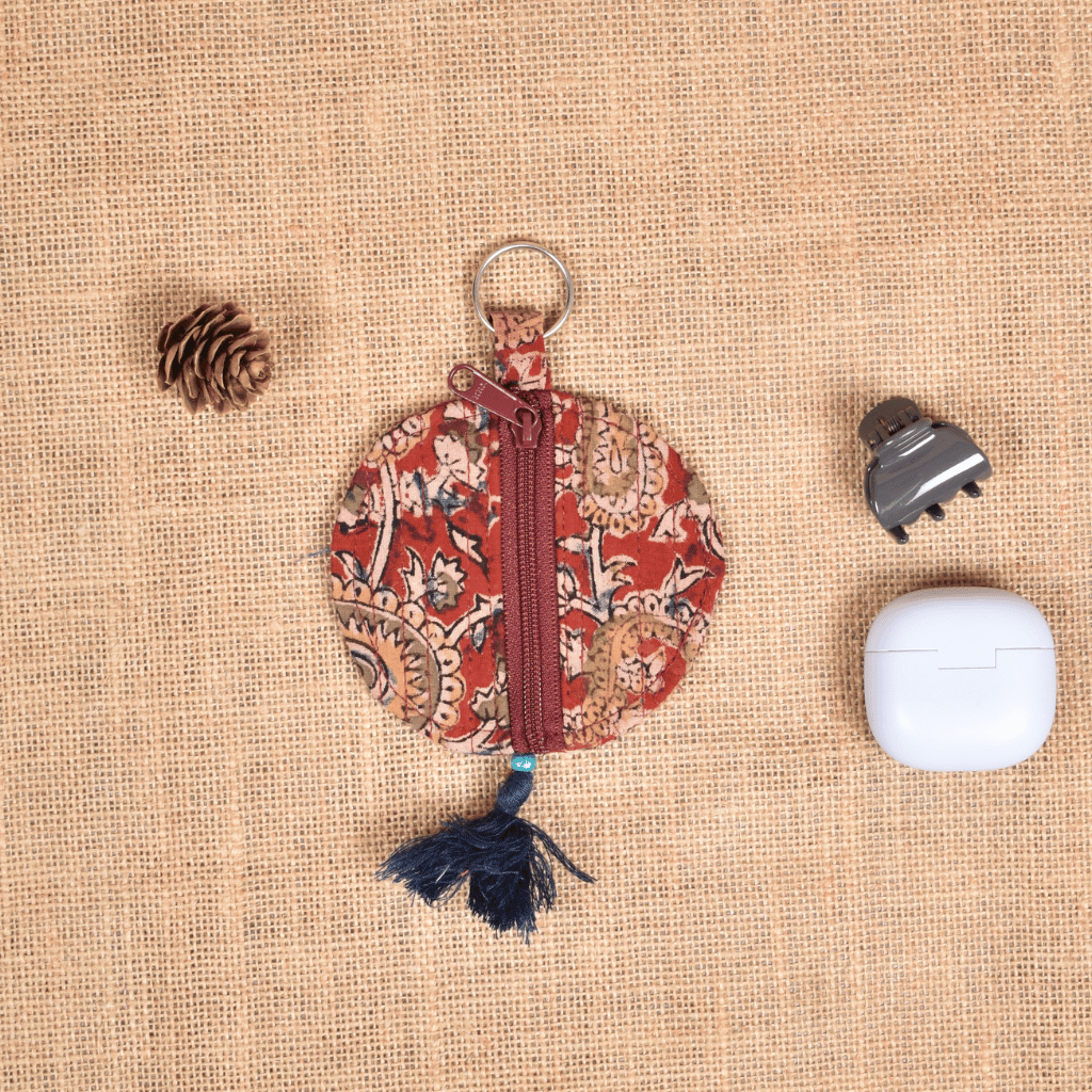 Red kalamkari Round Pouch – Lip Balm / Earbuds Holder