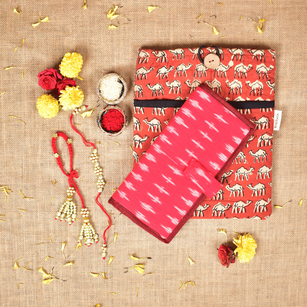 Bhai Bhabhi Raksha Bandhan Gift Combo – Rakhi Set with iPad Sleeve & Ladies Wallet