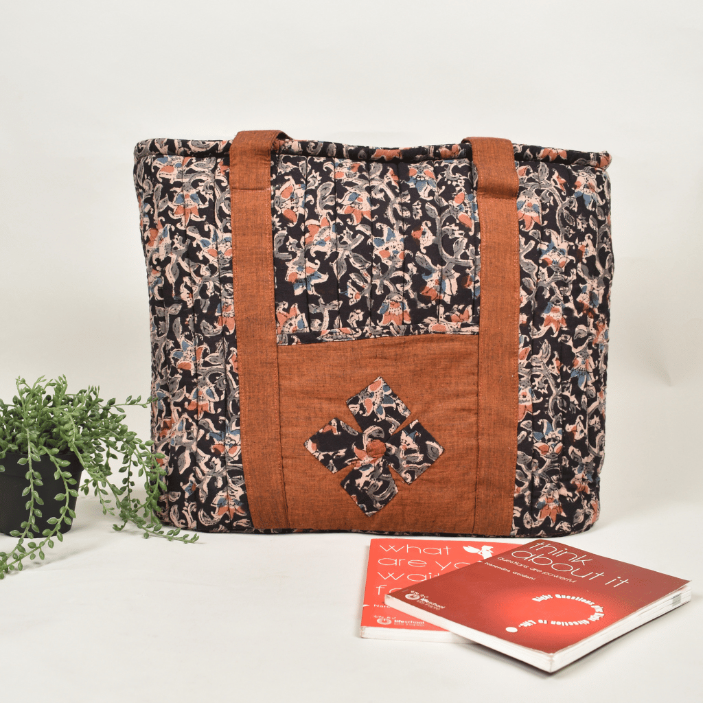 Black Kalamkari quilted ladies laptop bag or overnight travel bag