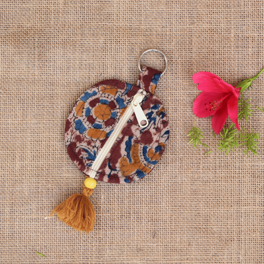 Maroon kalamkari Round Pouch – Lip Balm / Earbuds Holder